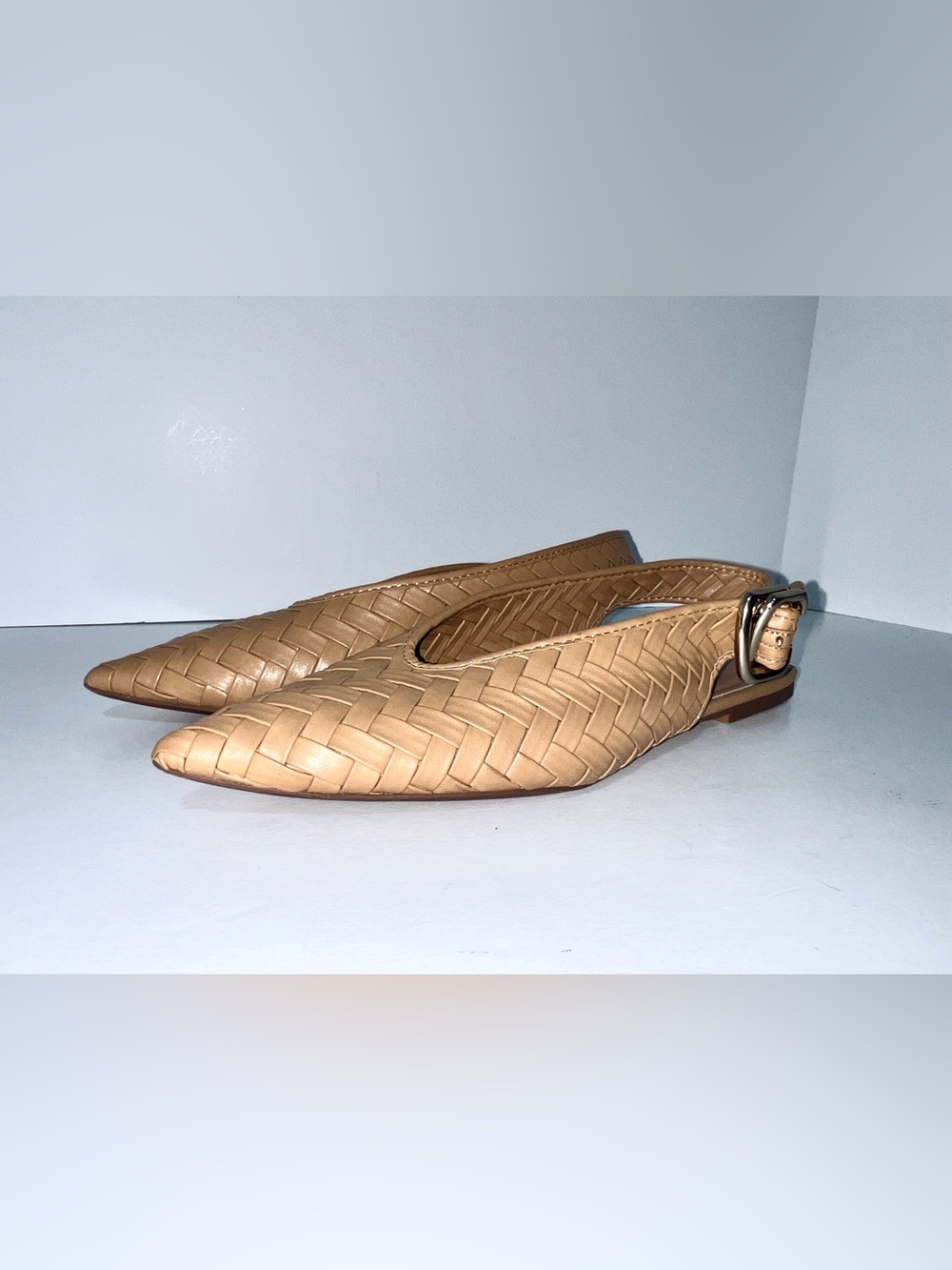 ZARA Woven Leather Pointed Toe Slingback Flats Buckle Nude Tan Sz 38 - Picture 6 of 12
